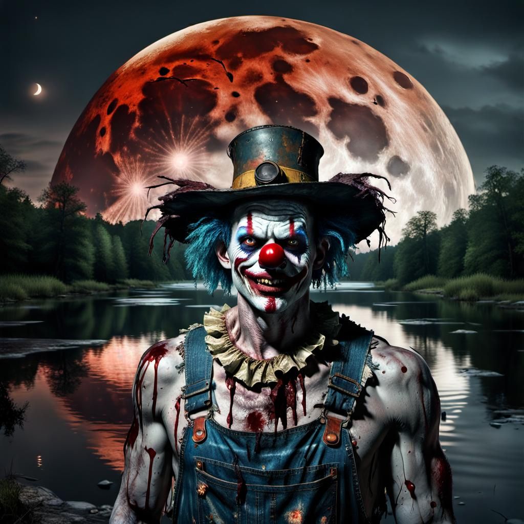 Zombie Clown with Bear in Apocalyptic Landscape