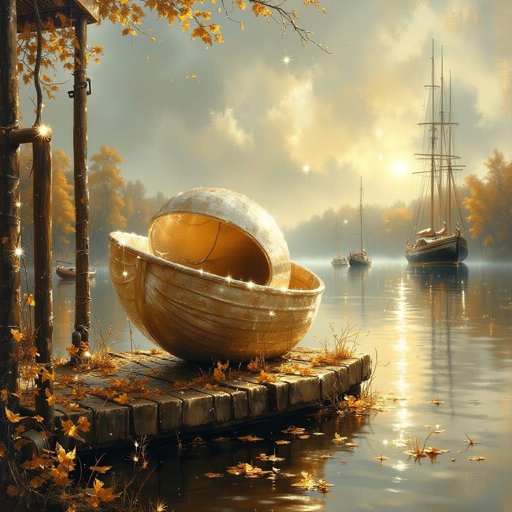 Nautilus Shell in Dreamy Harbor Scene