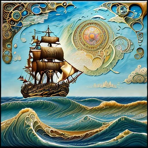 Steampunk Ship on Steampunk Sea: Expressionist Impasto Paint...