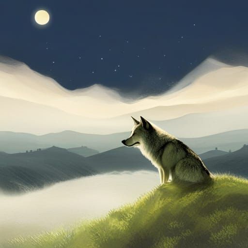 Wolf Silhouette on Hilltop Under Full Moon