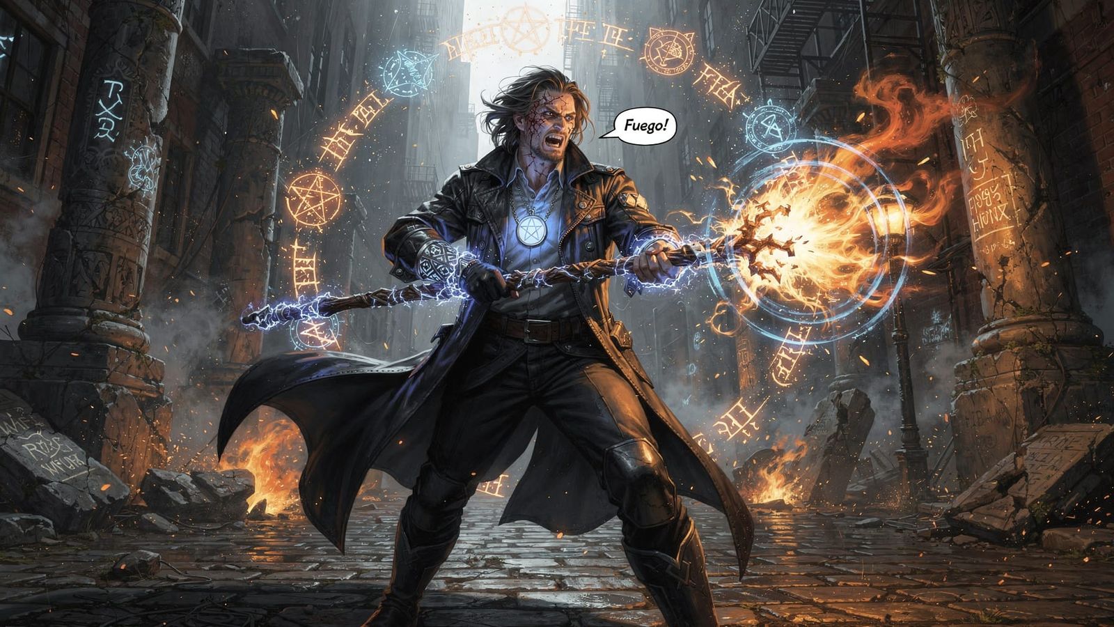 Urban Sorcerer Unleashes Fiery Magic in Moonlit Alley
