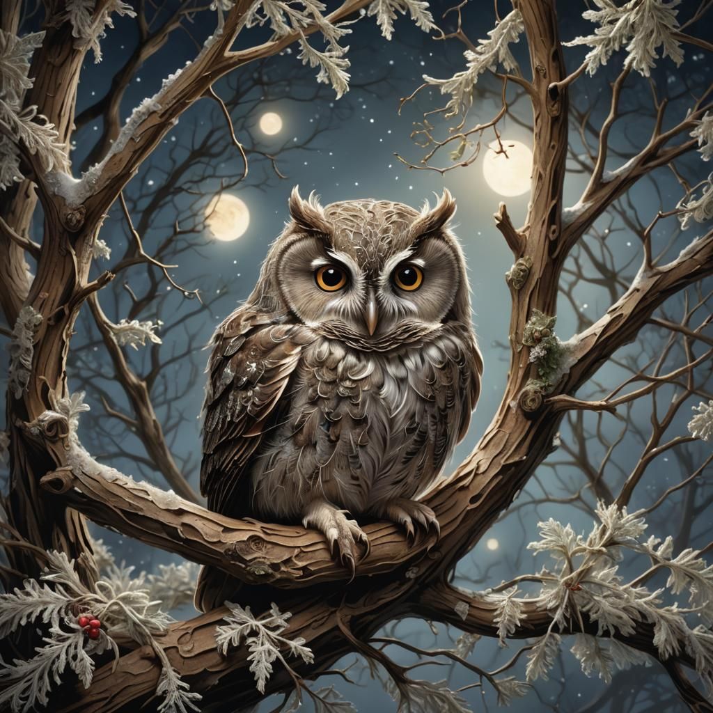 Mouse Nesting in Owl Sanctuary, Ethereal Illustration