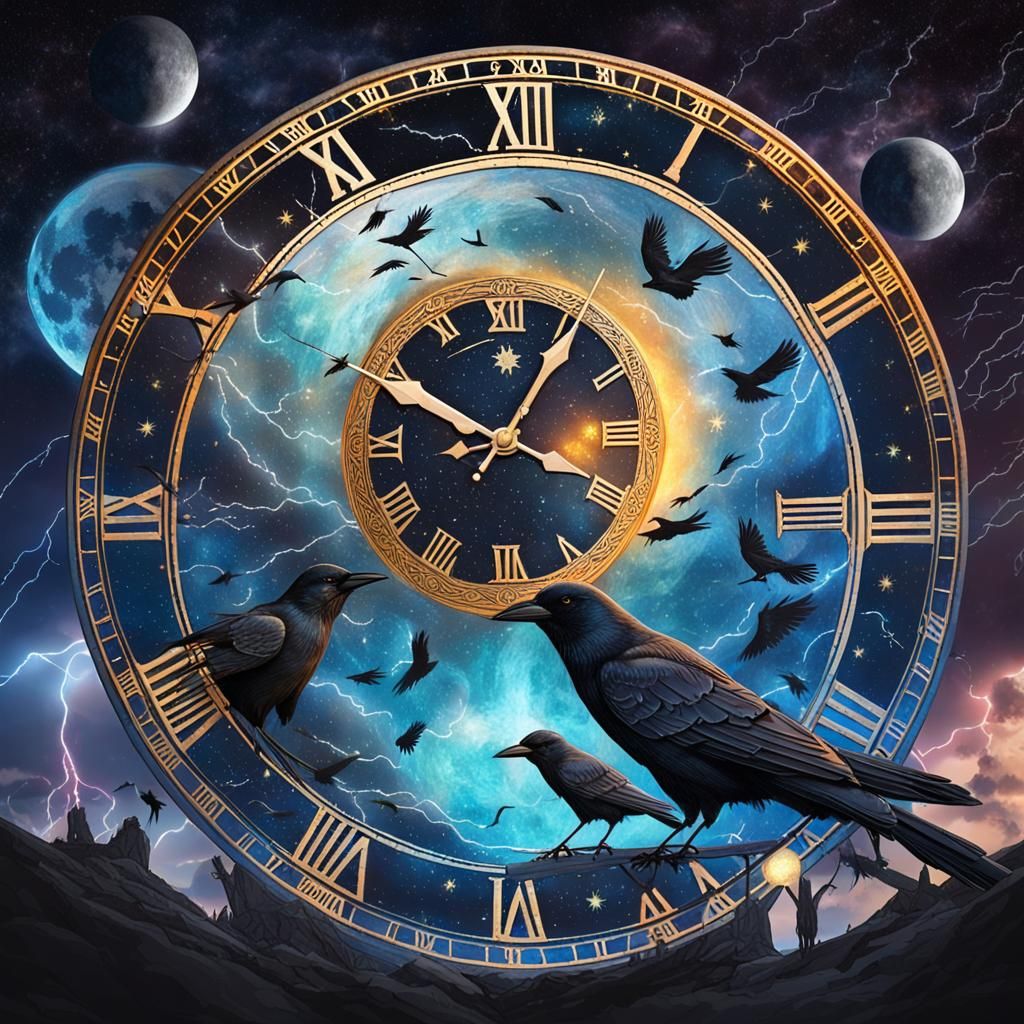 Clock on Moon with Lightning and Crows