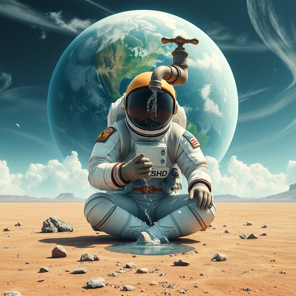 Astronaut Contemplating Earth with Faucet in Surreal Scene