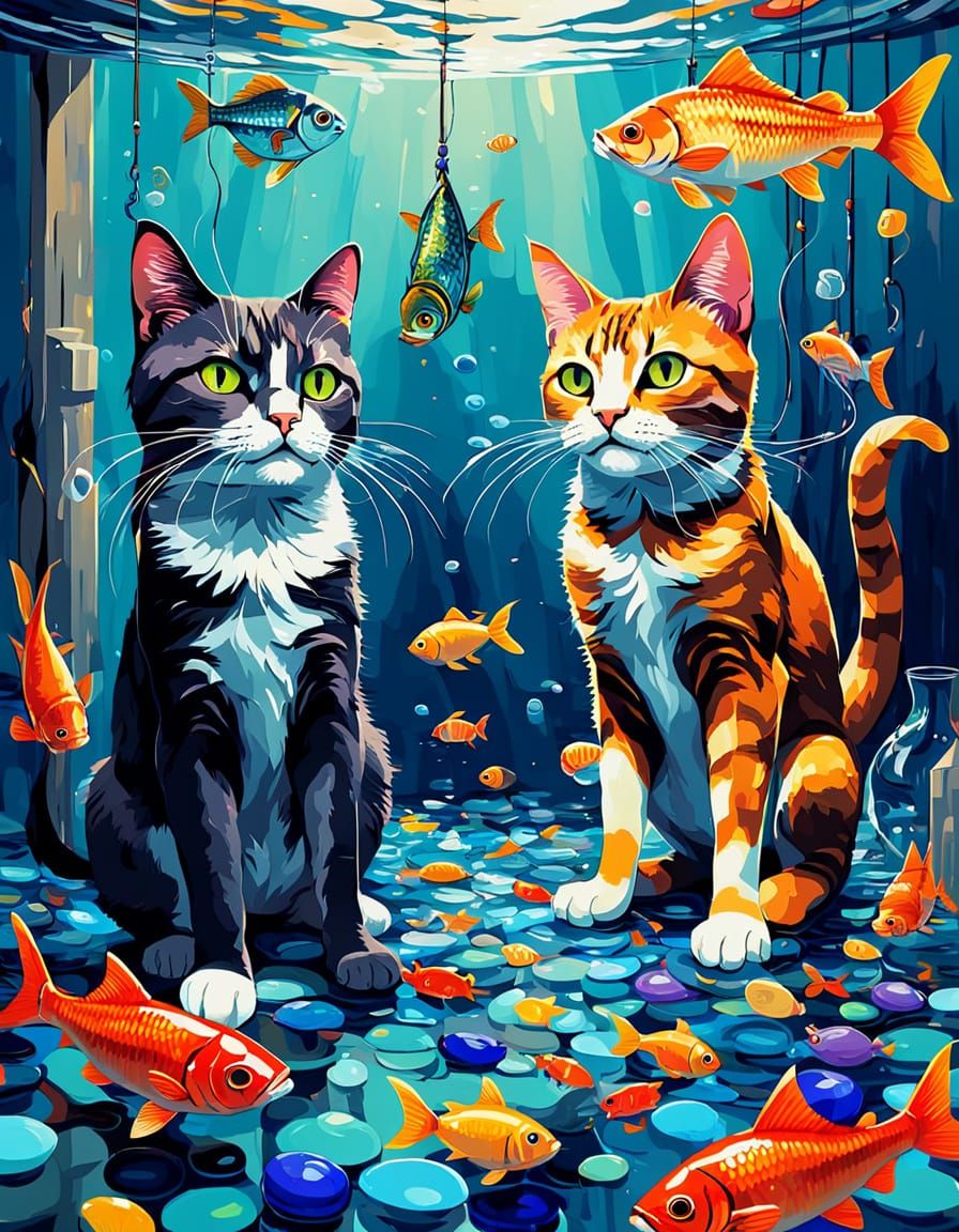 Cats Playing with Glass Fish, Abstract Art