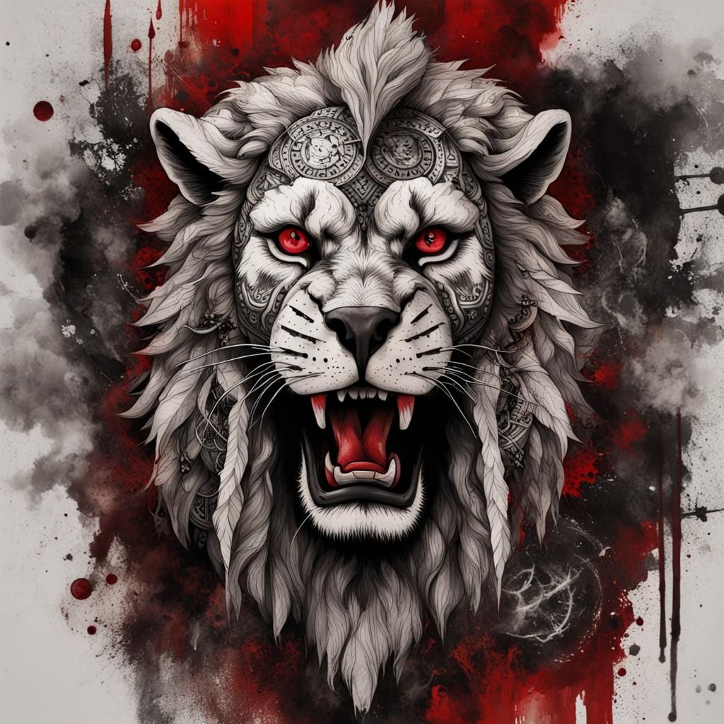 Lion Tattoo Design with Viking Symbol in Trash Polka Style