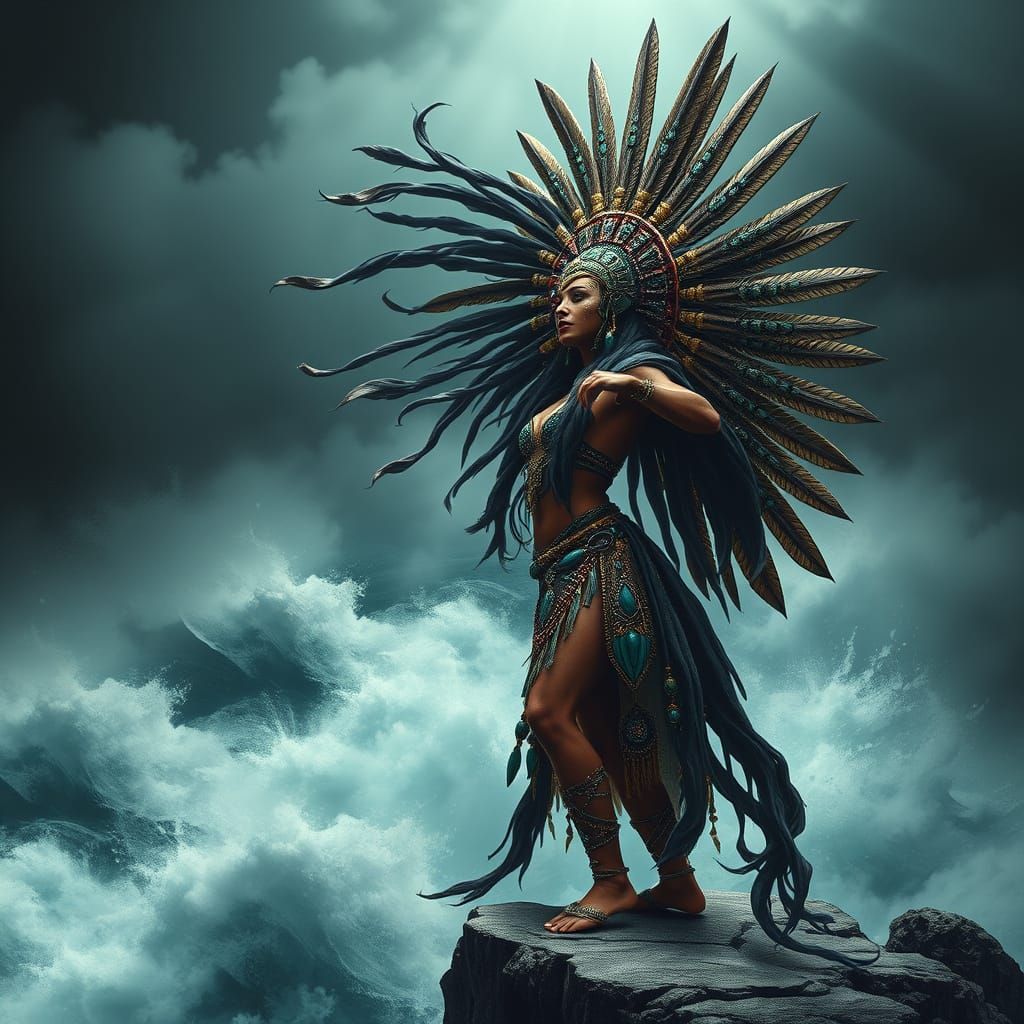 Aztec Goddess Overlooks Turbulent Ocean in Stormy Cliffside ...