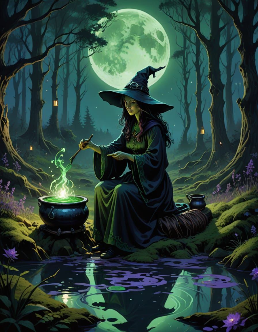 Witch Prepares Potion in Enchanted Moonlit Forest