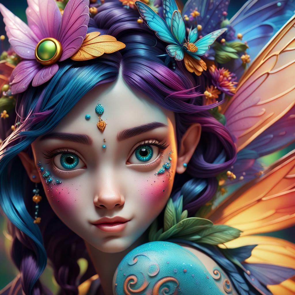 Fairy Face Macro with Colorful Tattoo in 3D