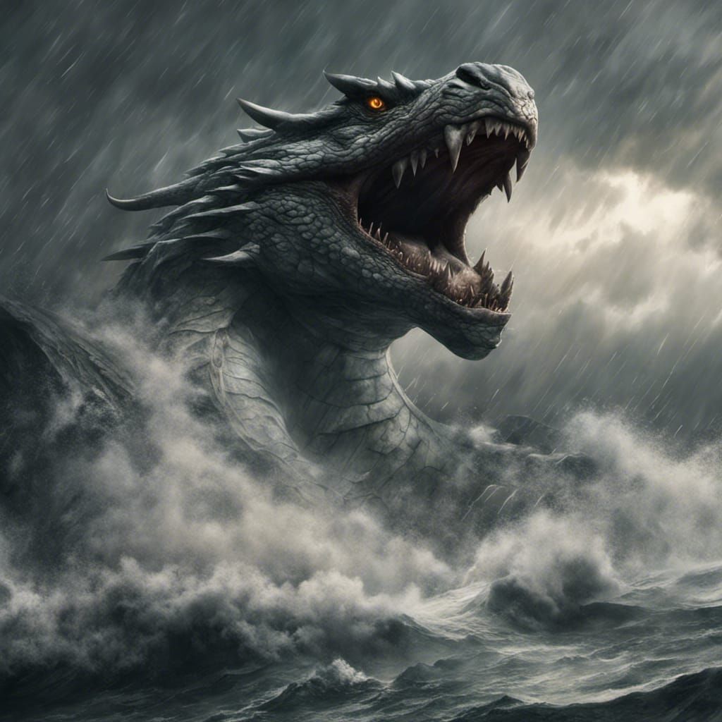 Epic Jormungandr Amidst Thunderstorms, Digital Matte Paintin...