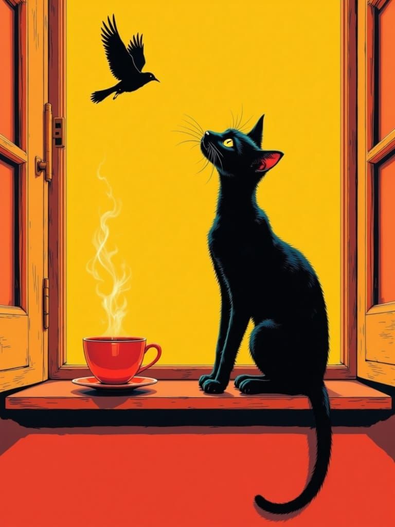 Bold Feline Meets Flying Companion in Vibrant Minimalist Com...
