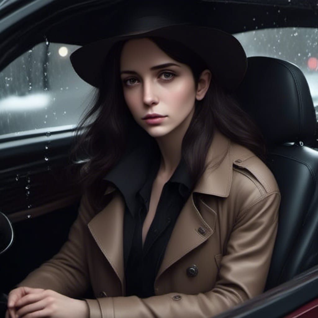 Woman in Car During Rainstorm: Realistic Image