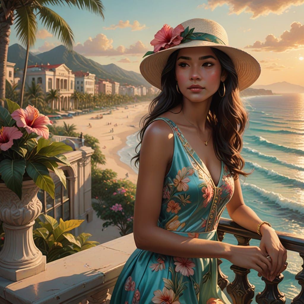 Woman in Whimsical Beach Scene, Inspired by Thomas Kinkade
