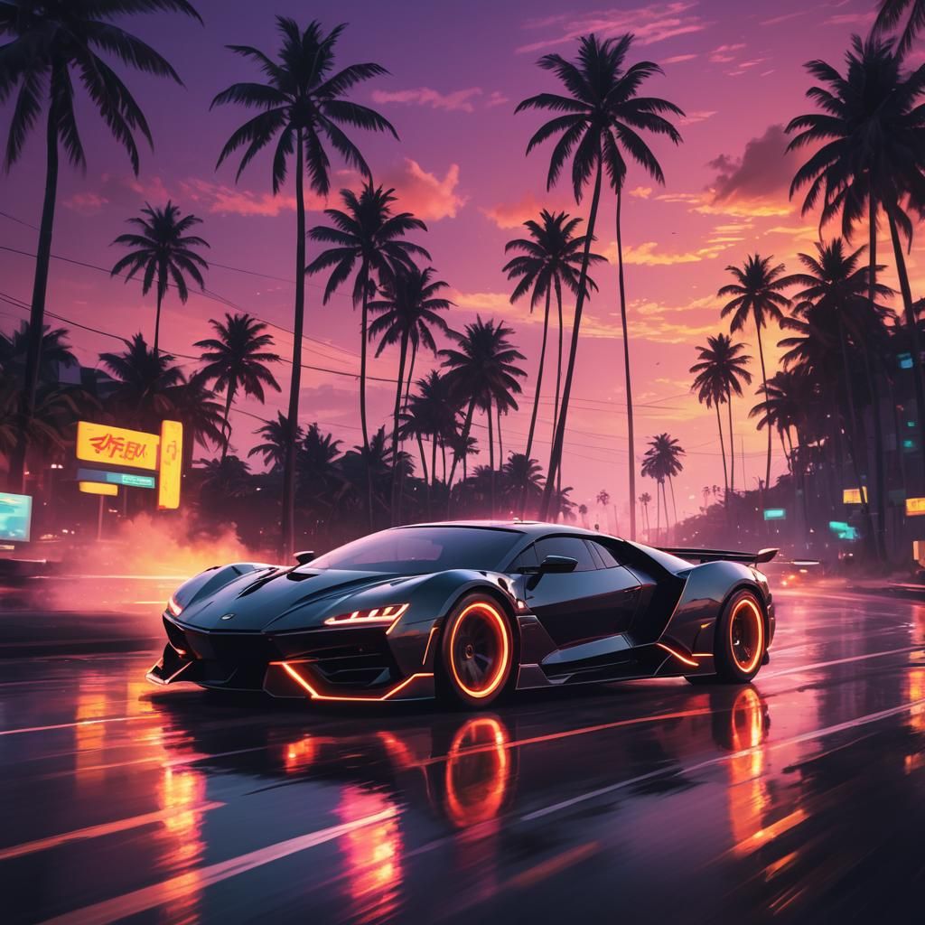 Cyberpunk Supercar at Sunset: Neon Noir Concept Art