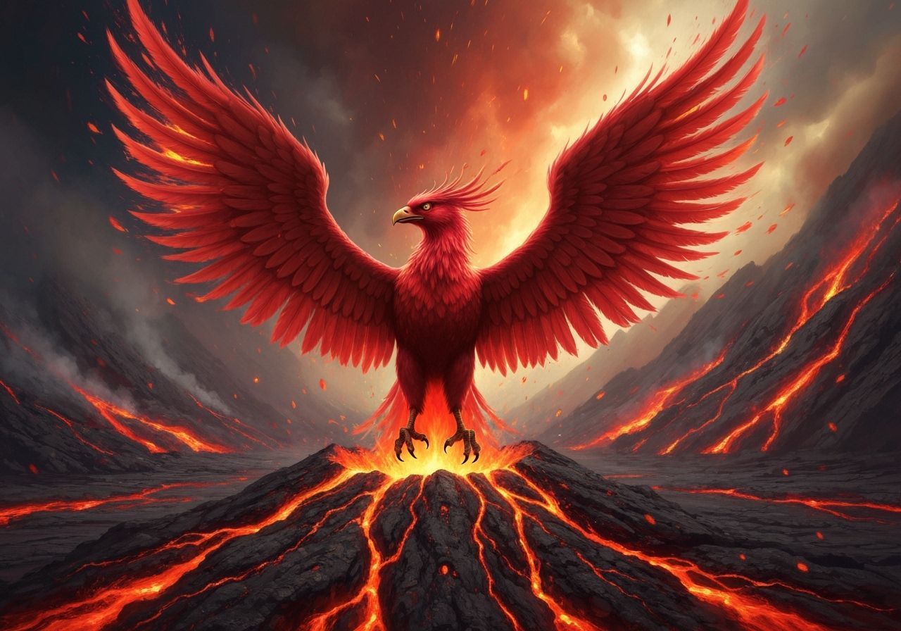 Phoenix Rising from Volcano in Classical Style