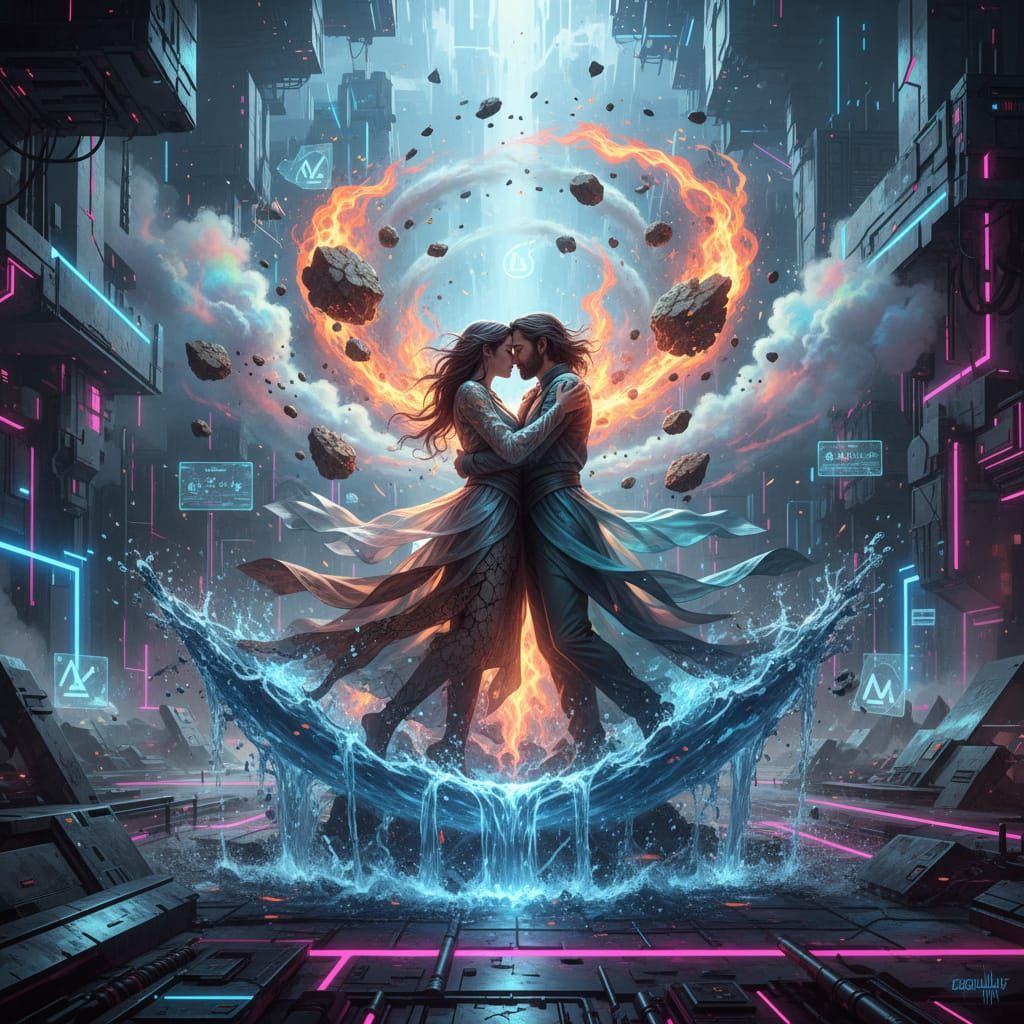 Couple Harnessing Elements in Dystopian Cyberpunk Style