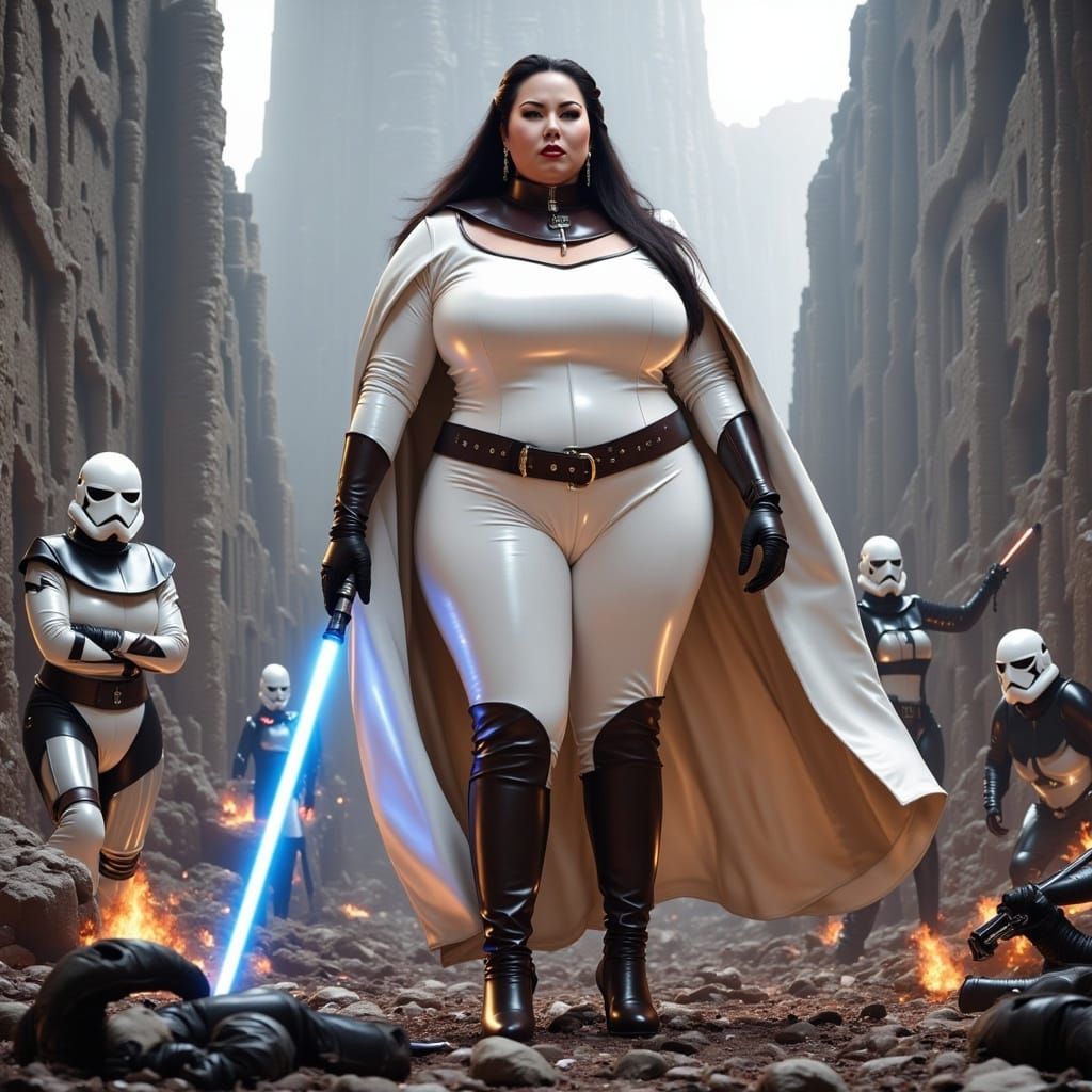 Curvy Jedi Knight Battles Robots in Epic Action Scene