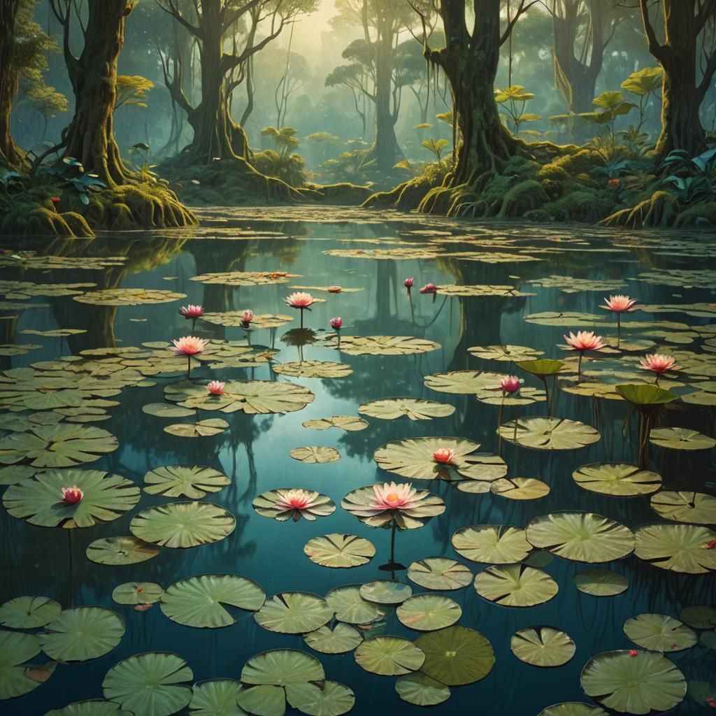 Water Lilies in Fantasy Landscape as Matte Painting