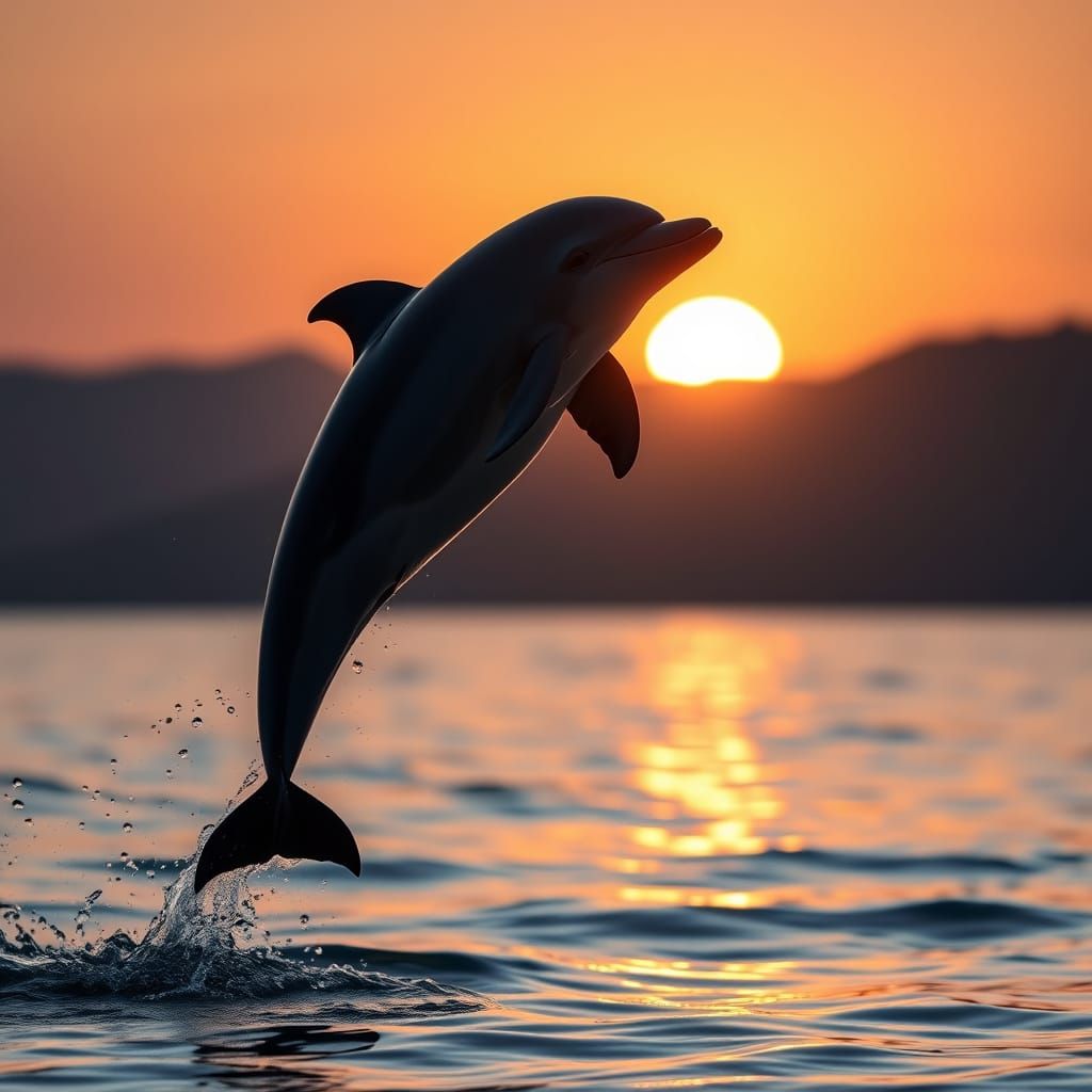 Dolphin Leaps in Air Above Sunset Ocean