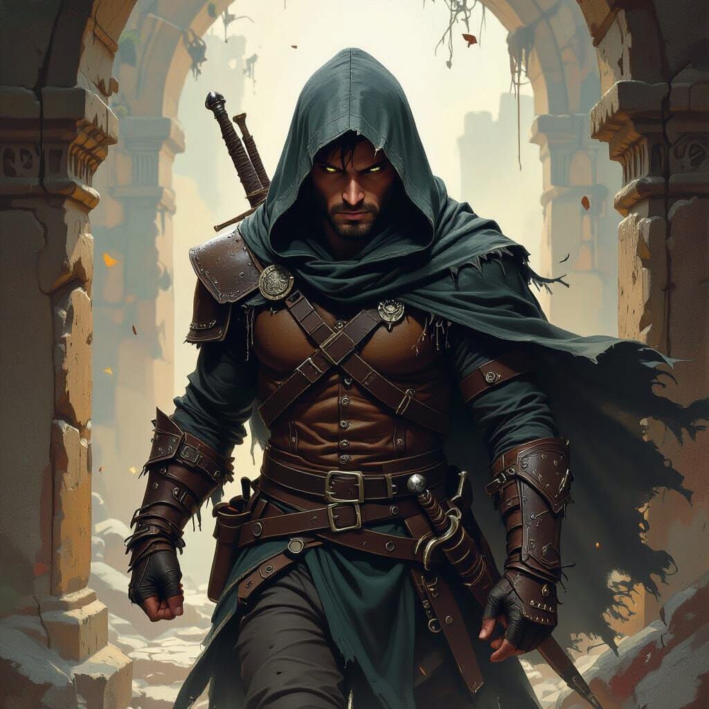 Rogue Navigating Ancient Ruins in Fantasy Art Style