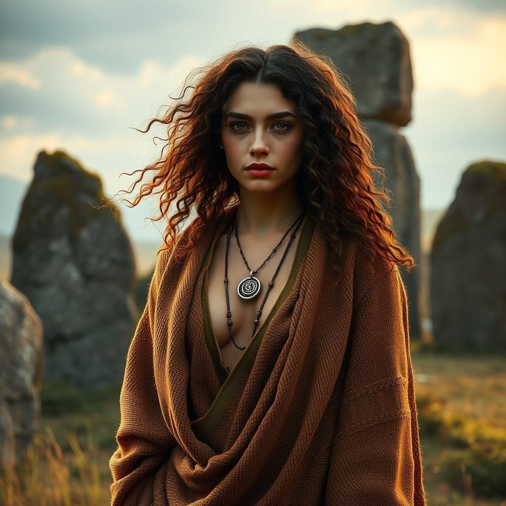 Ancient Priestess Beside Energy Megaliths in a Warm, Mystica...
