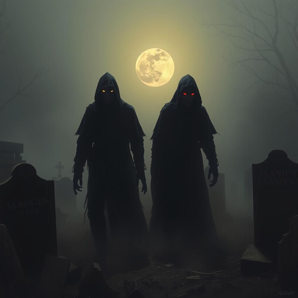 Eerie Shadow Entities Rise in Cemetery, Dark Surrealism