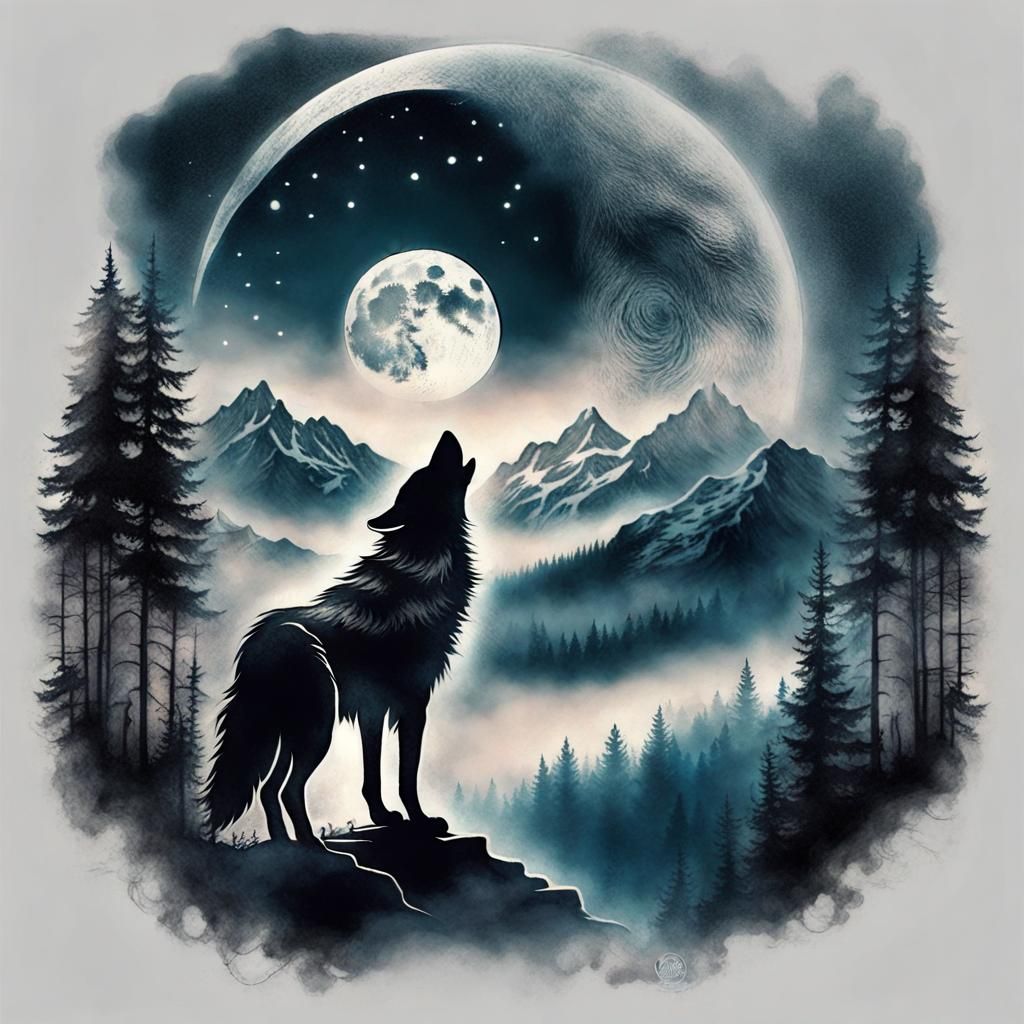 Wolf Tattoo Design with Moonlit Forest and Quote