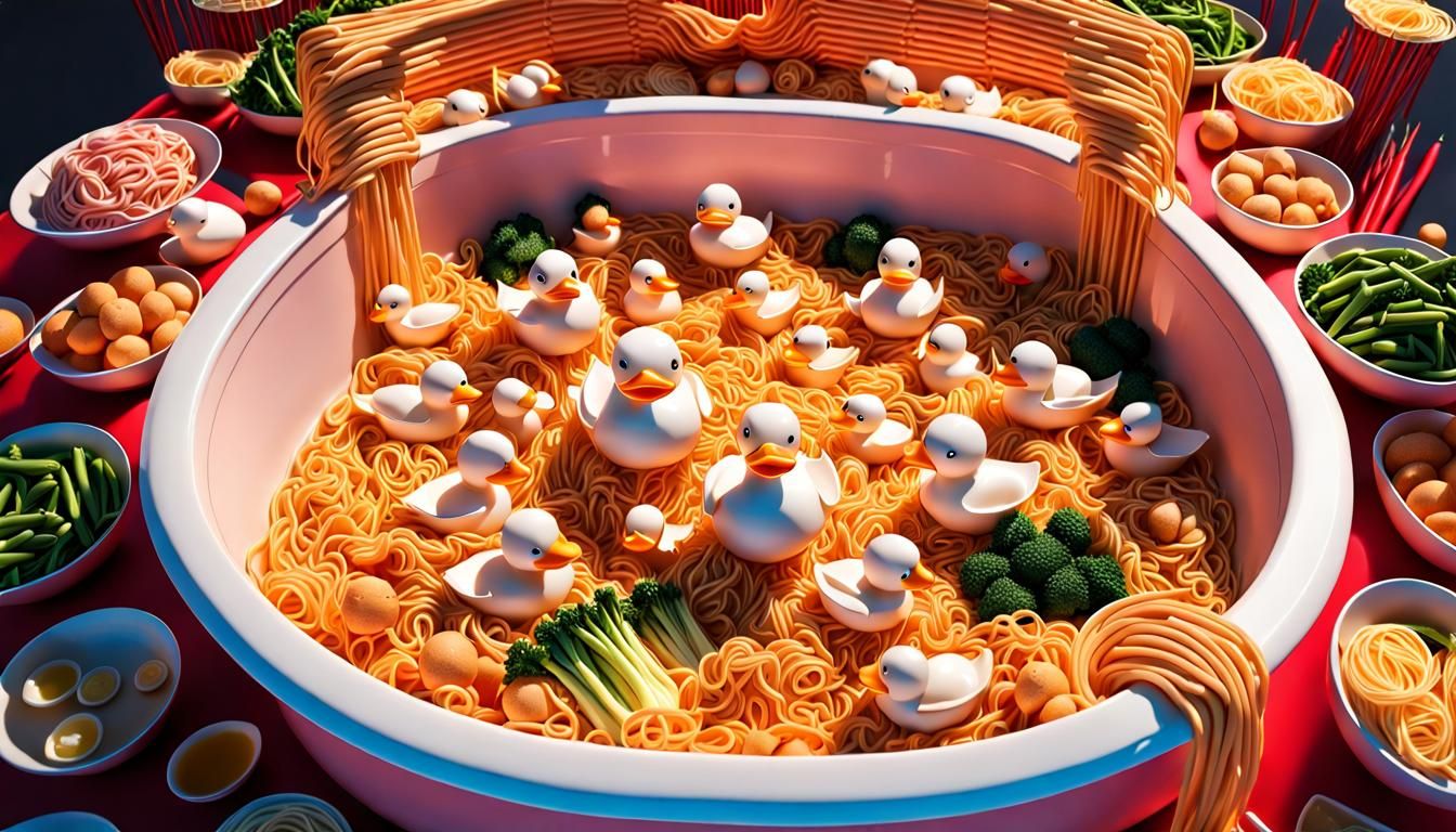 Giant Bathtub of Ramen with Rubber Ducks