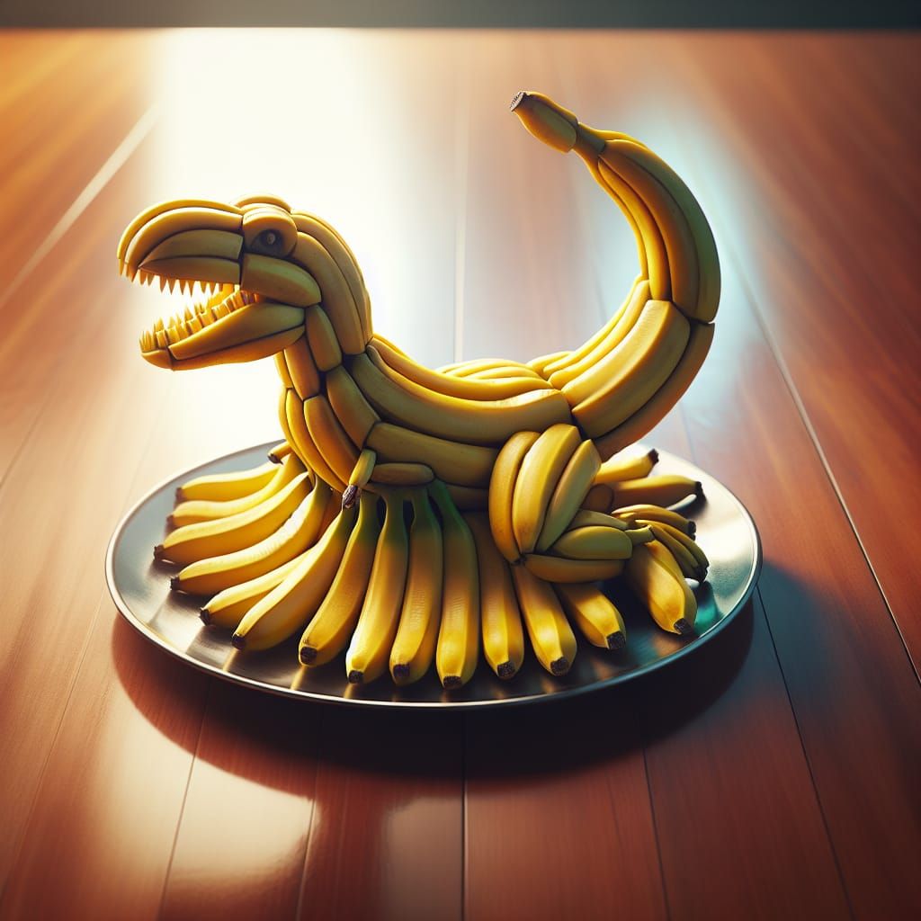 A trex made from bananas, hd photograph. Sitting on a plate on a table.