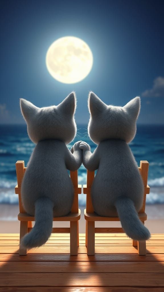 Grey Kitties Gaze Out at the Serene Sea Horizon