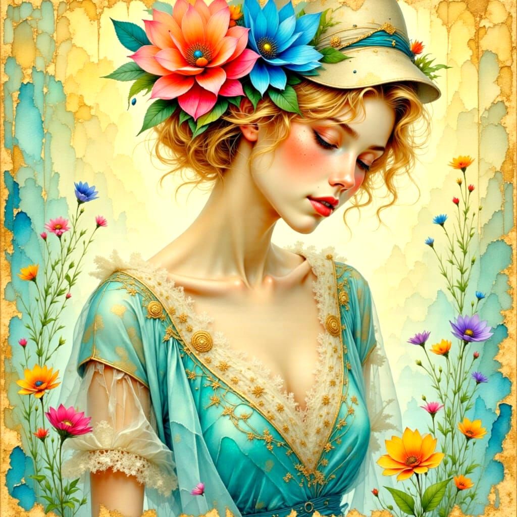 Girl with Floral Headband in Watercolor Style