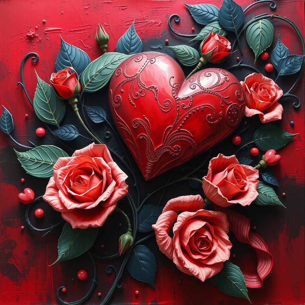 Vibrant Red and Black Hearts in Intricate Oil Painting