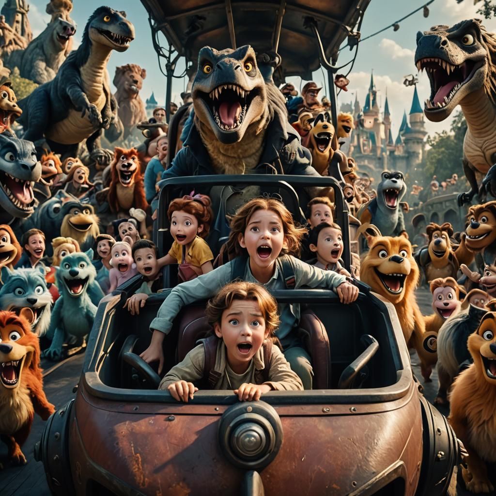 Scared Child on Ride with Disney Characters