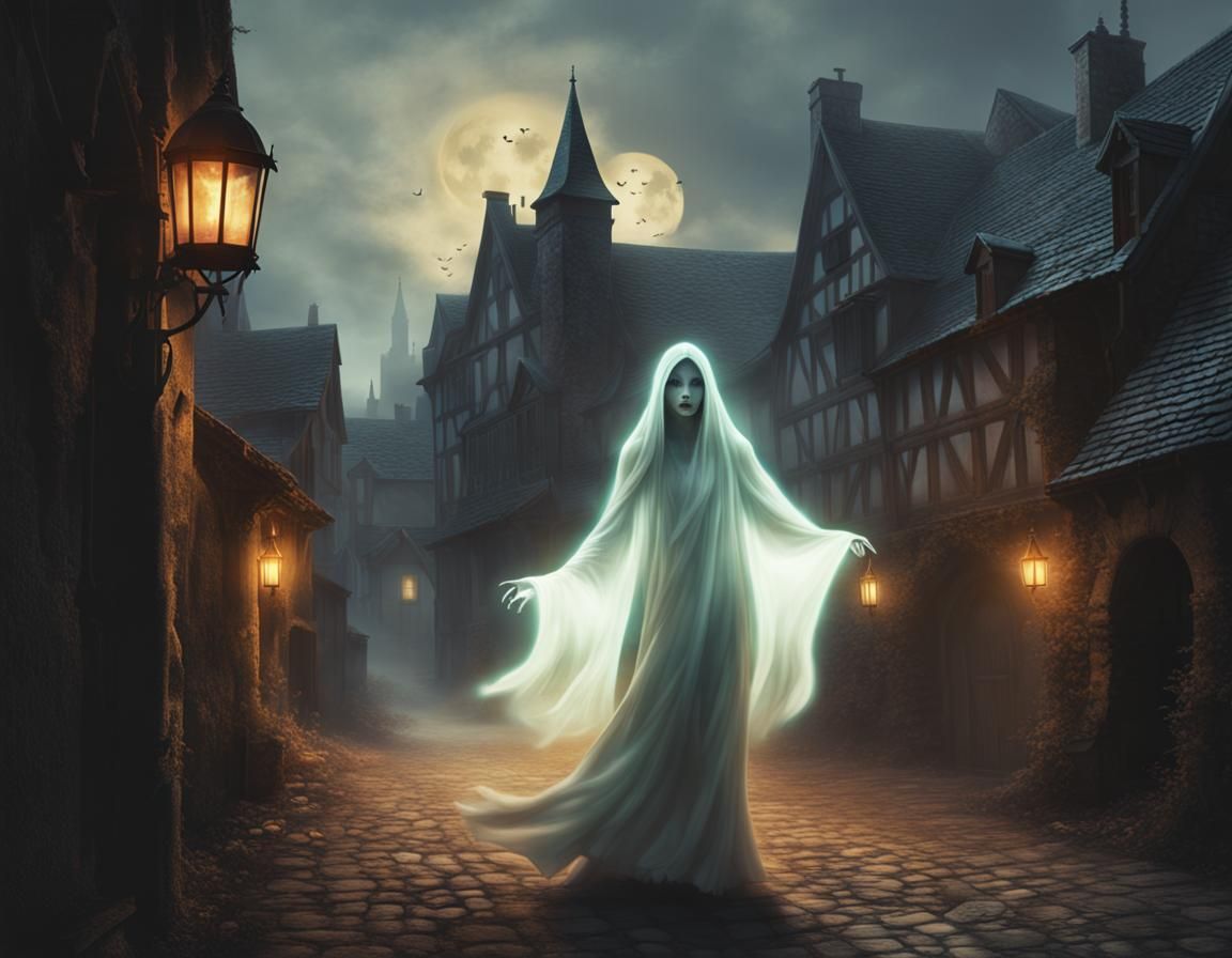 Glowing Ghost Woman in Medieval Village