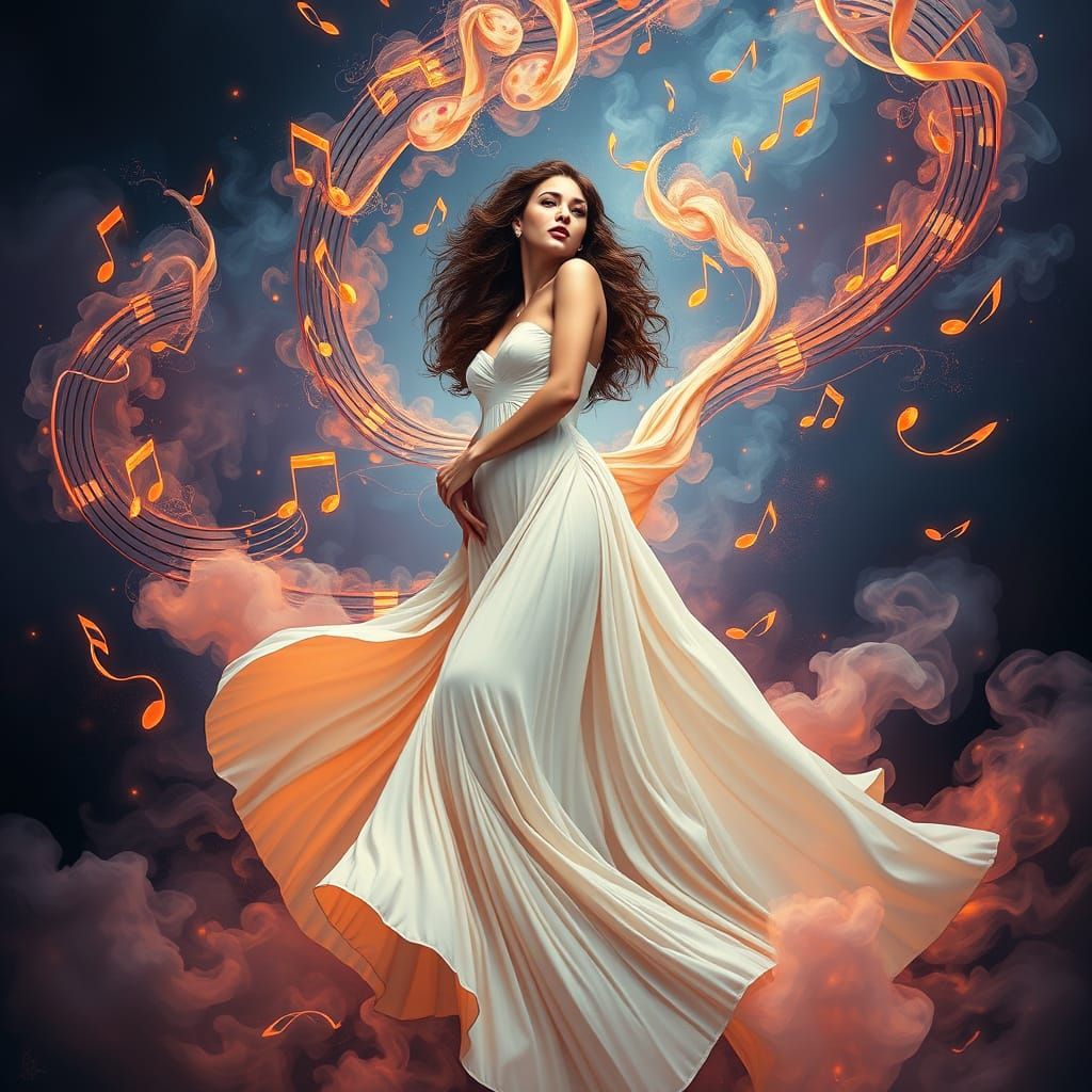 A silhouette of a woman wreathed in flowing, ethereal smoke, surrounded by musical notes. Her graceful pose evokes a sen...