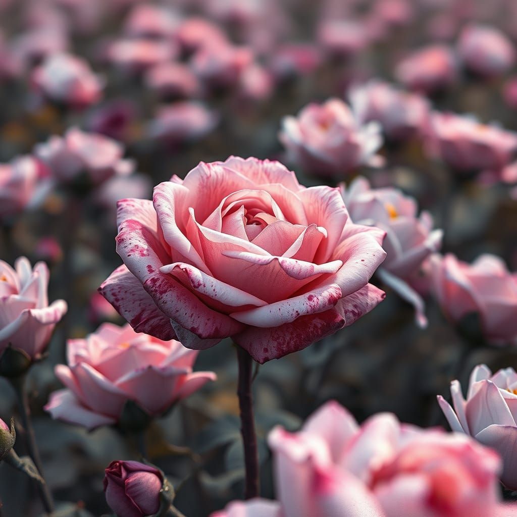 Pink Rose Blooms in Gray Field, Watercolor Style