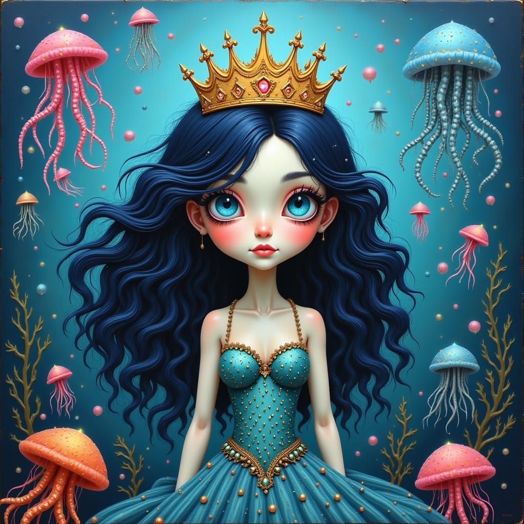 Underwater Fairy Mermaid in Deep Blue Oil Painting