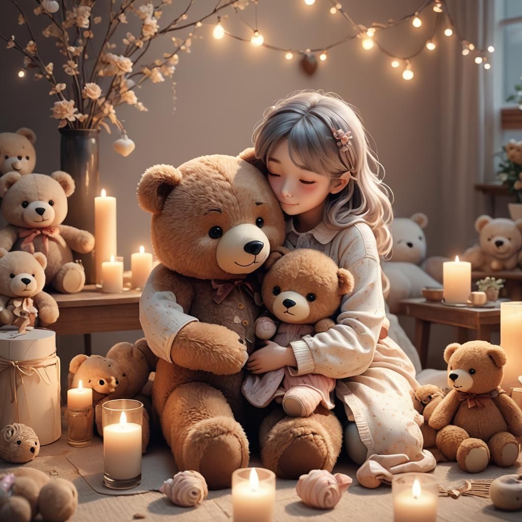 Teddy Bear Family Hug in Anime 3D Art