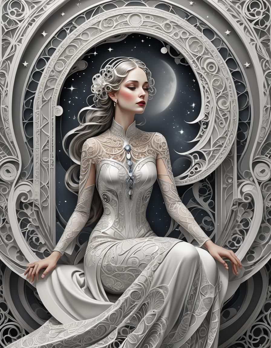 Art Deco Woman on Crescent Moon with Filigree Arch