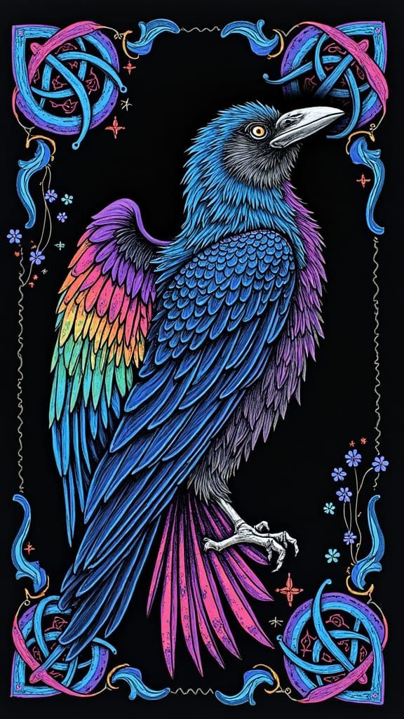 Celtic Raven Silhouette with Crayon and Rayograph Elements