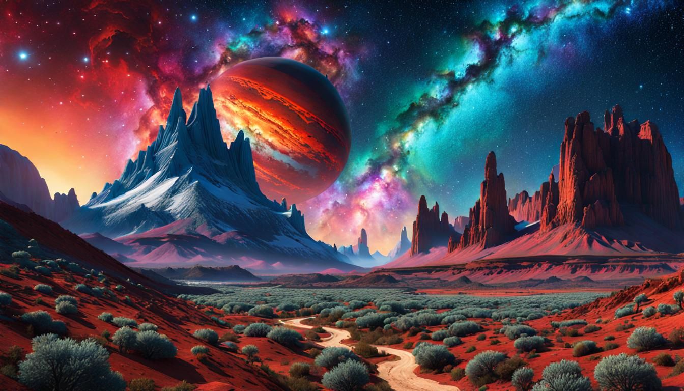 Psychedelic Alien Landscape with Nebula Sky