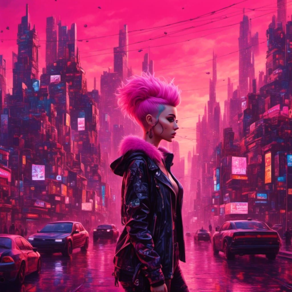 Cyberpunk Princess with Pink Mohawk in Dystopian City