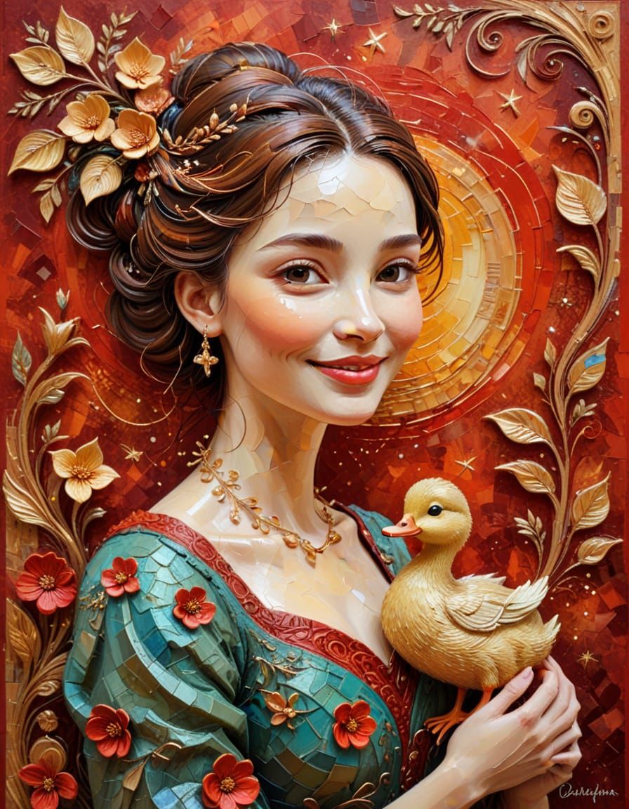Elegant Lady Portrait with Duckling in Impasto Style