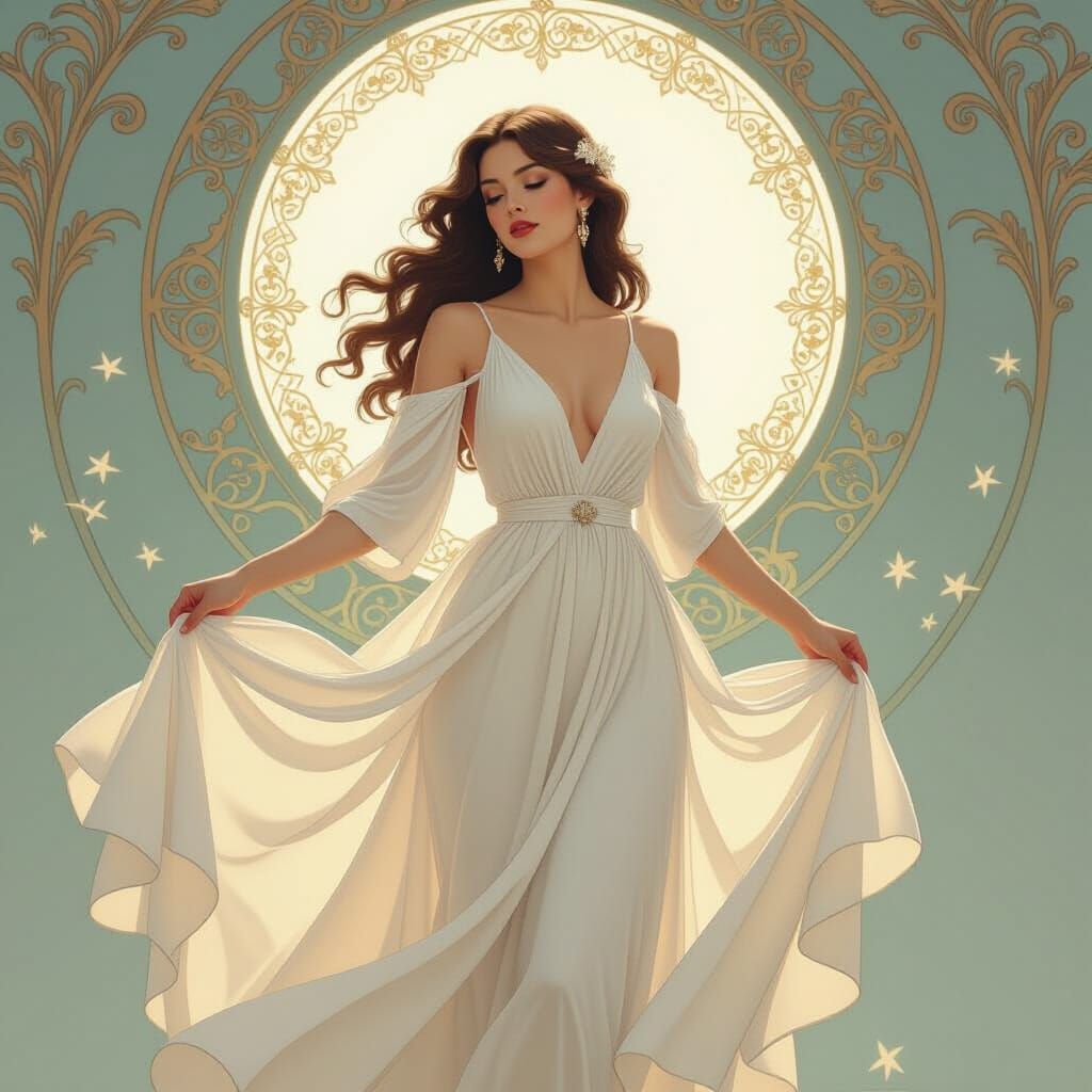 Dreamy Woman in Flowing Dress, Art Nouveau Style