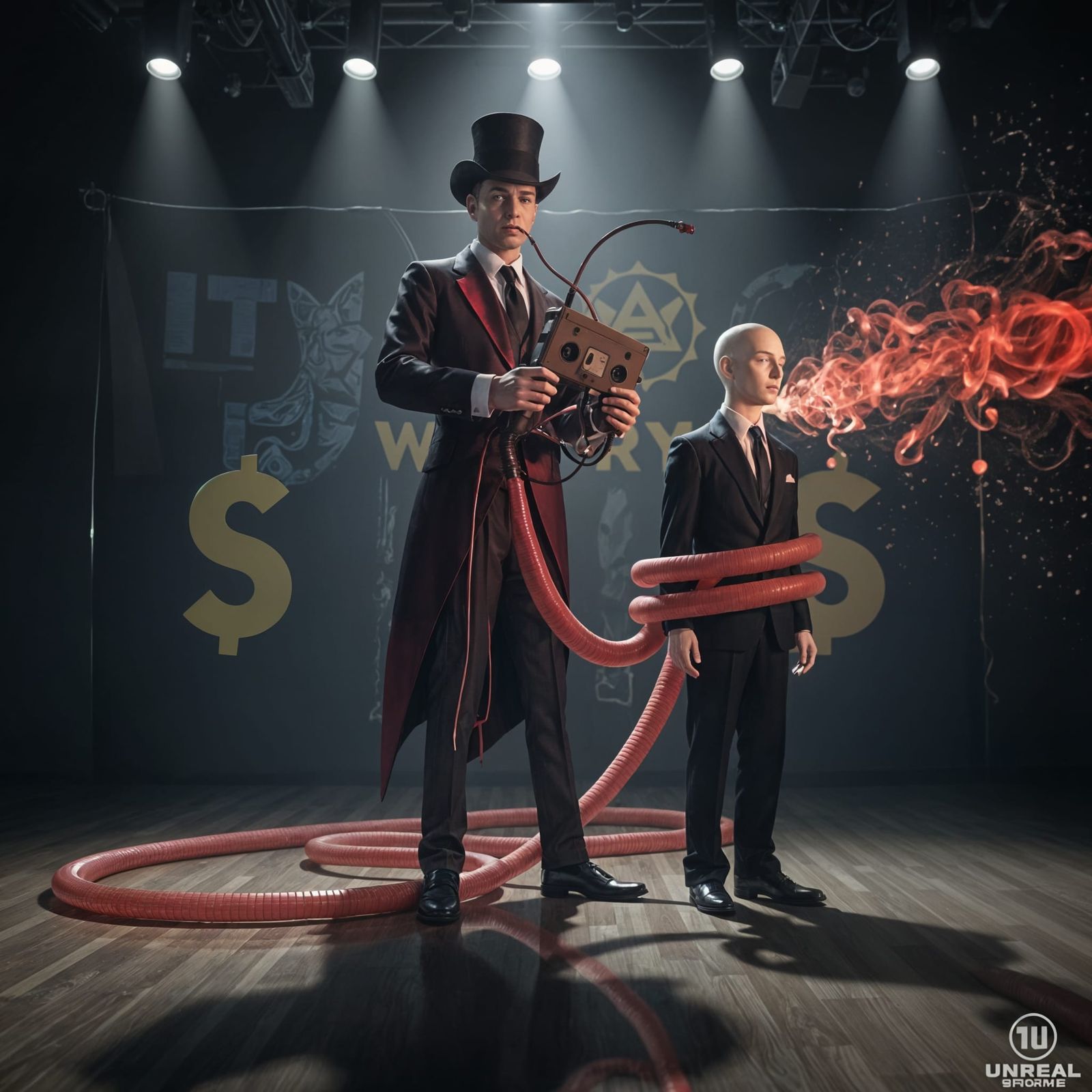 Showman with Futuristic Device and Glowing Hose