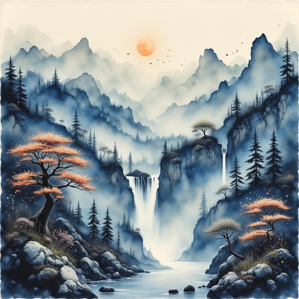 Ethereal Mountain Landscape in Ukiyo-e Style