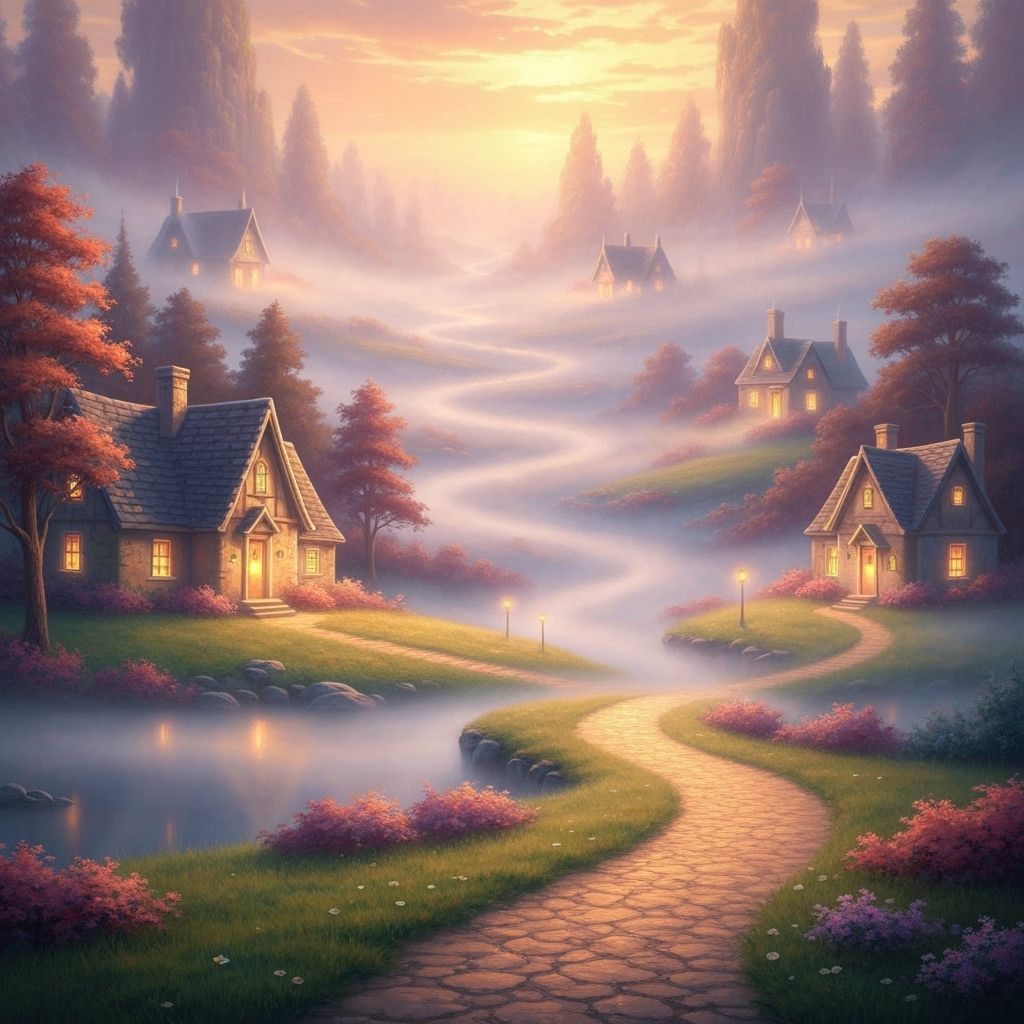 Ethereal Fantasy Landscape with Glowing Cottages