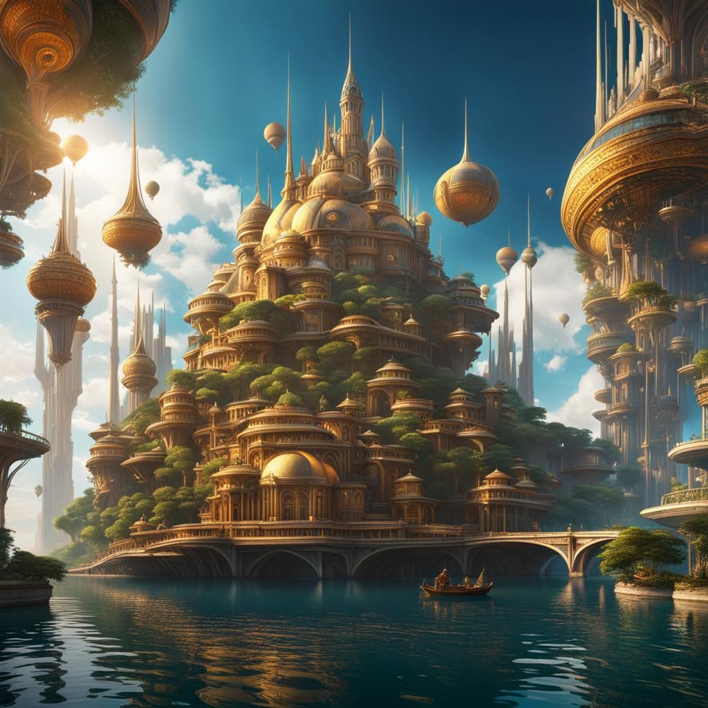 Utopian Floating City in Surreal Landscape: Digital Art