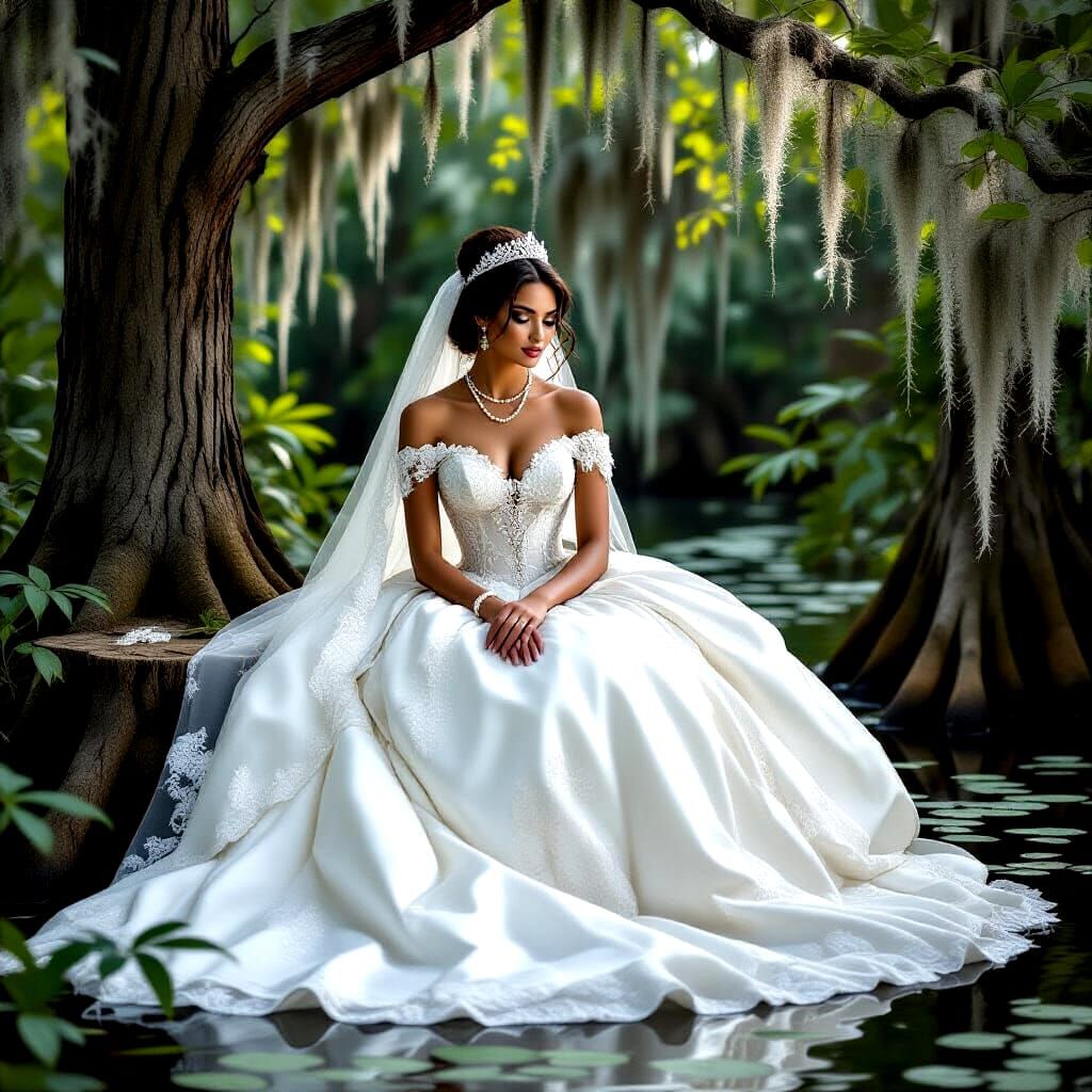 Creole Princess in Wedding Dress in Swamp