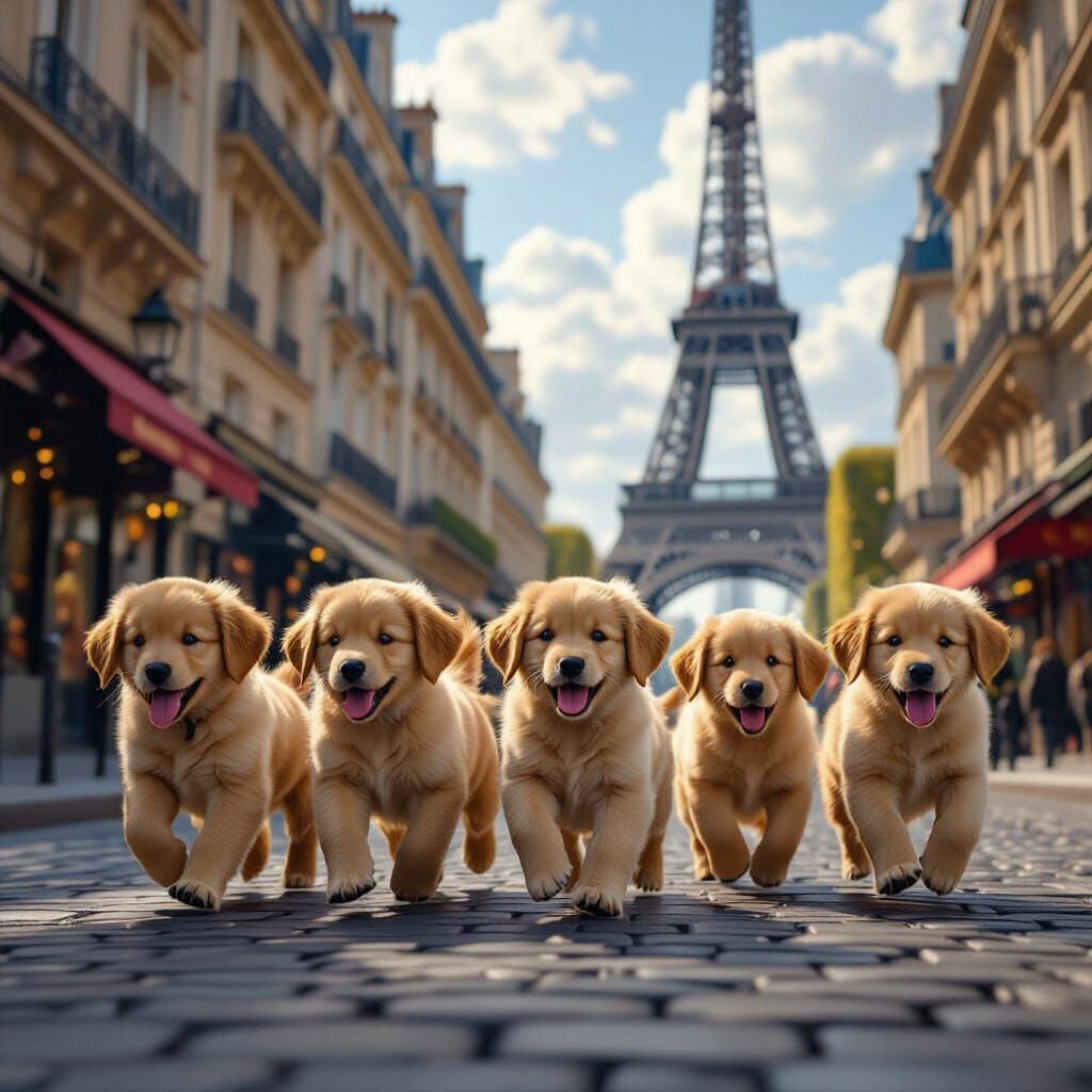 Golden Retriever Puppies Joyfully Running in Paris by Eiffel...